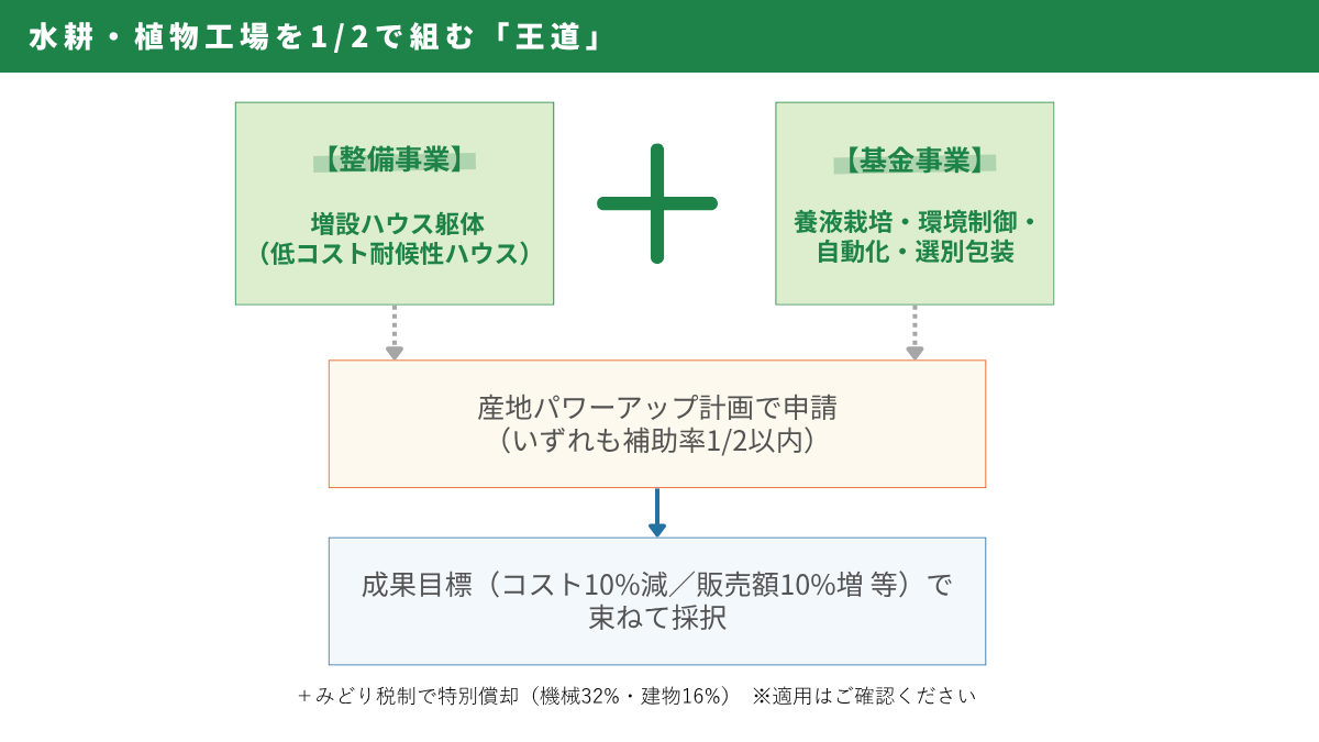 水耕栽培・植物工場を規模拡大する補助金｜水耕・植物工場を1/2で組む「王道」 （図解）