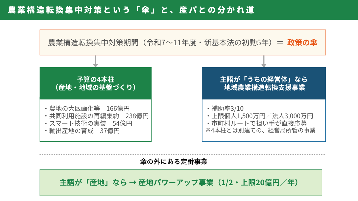 農業構造転換集中対策｜農業構造転換集中対策という「傘」と、産パとの分かれ道（図解）
